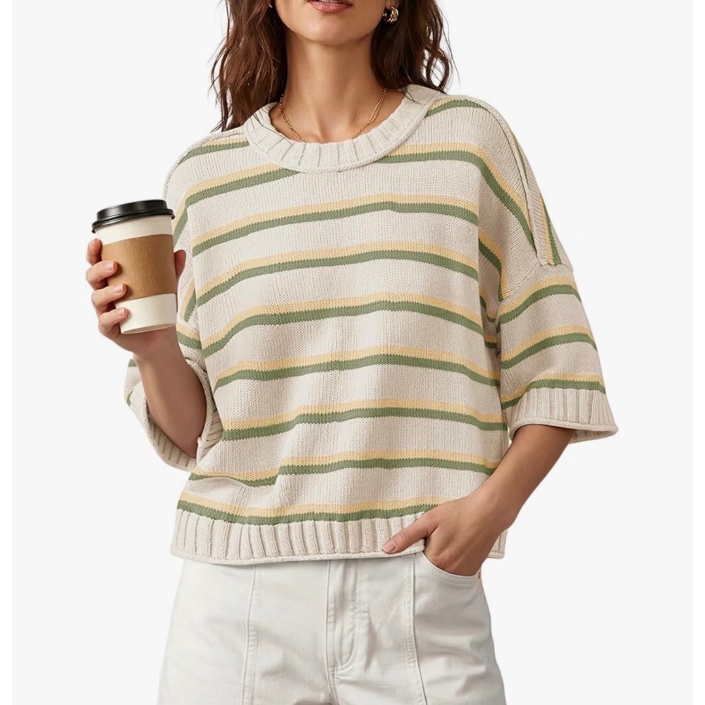 Nirovien Women's Apricot Green Striped Knit Sweater – Short Sleeve – XL – NWT